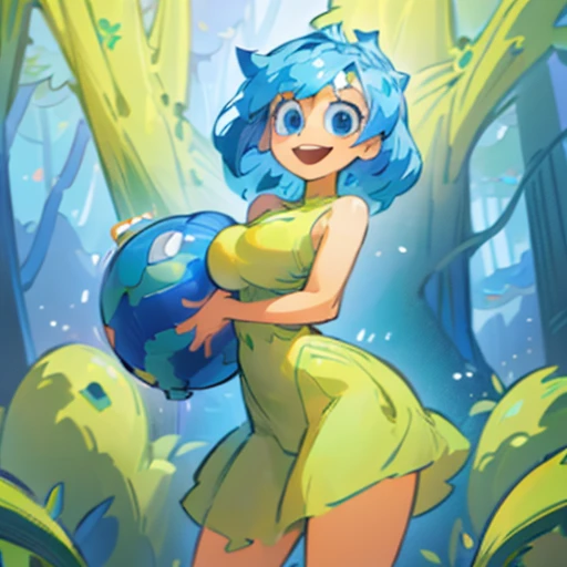 (masterpiece), ((perfect anatomy)), (high Res), (4k), joy, blue eyes, blue hair, yellow skin, huge breast, wide hips, (((green dress))), happy, (((cartoony artstyle))), (((solo))), narrow waist, (in a forest)