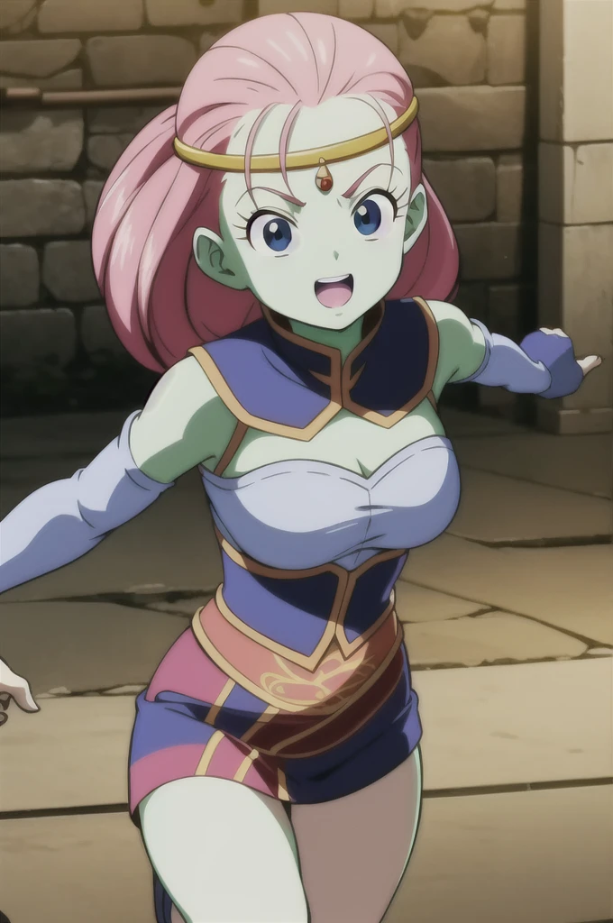 Kawei, One girl, alone, Long Hair, View your viewers, Open your mouth, blue eyes, Pink Hair, Skin of color, surprised, Circlet, Bare shoulders, Gold Cap, arms by side, Blue Collar, Detachable collar, eyelash, Green skin, close, low-tied Long Hair, Pointy Nose, V-shaped eyebrows, tongue, Blue leotard on the upper teeth, Removable sleeves, Blue Armwear, smile, 　Heart Big Tits　Venus flytrap　Bewitching beauty and girls ballet　Girl Running
 