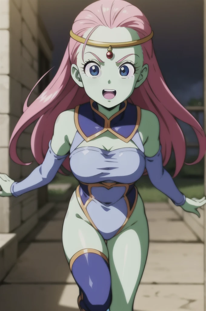 Kawei, One girl, alone, Long Hair, View your viewers, Open your mouth, blue eyes, Pink Hair, Skin of color, surprised, Circlet, Bare shoulders, Gold Cap, arms by side, Blue Collar, Detachable collar, eyelash, Green skin, close, low-tied Long Hair, Pointy Nose, V-shaped eyebrows, tongue, Blue leotard on the upper teeth, Removable sleeves, Blue Armwear, smile, Heart Big Tits Venus flytrap Bewitching beauty and girls ballet Girl Running