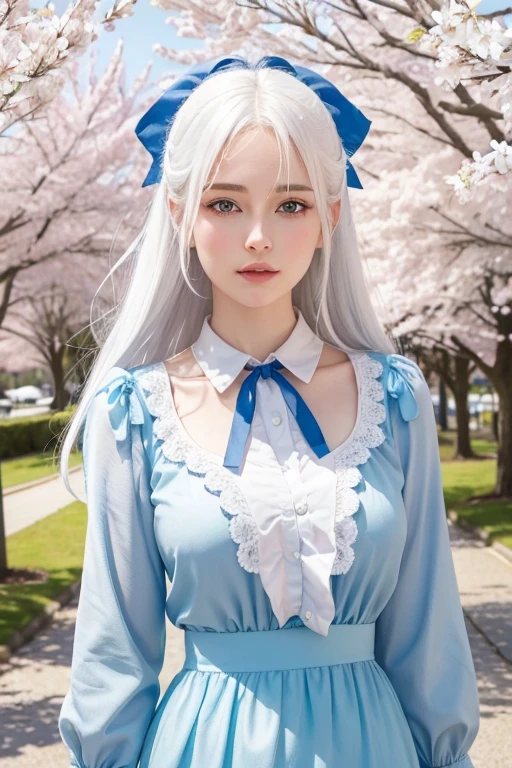 In this image, a young woman with white hair and blue eyes is the central figure. She has a soft expression on her face and is wearing a light blue blouse adorned with a large pink bow at the neckline... A is in front of a tree loaded with cherry blossoms, that are falling softly around her. The background reveals a serene seaside scene under a clear sky.