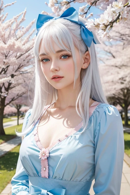 In this image, a young woman with white hair and blue eyes is the central figure. She has a soft expression on her face and is wearing a light blue blouse adorned with a large pink bow at the neckline... A is in front of a tree loaded with cherry blossoms, that are falling softly around her. The background reveals a serene seaside scene under a clear sky.