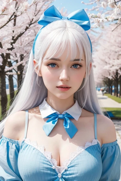 In this image, a young woman with white hair and blue eyes is the central figure. She has a soft expression on her face and is wearing a light blue blouse adorned with a large pink bow at the neckline... A is in front of a tree loaded with cherry blossoms, that are falling softly around her. The background reveals a serene seaside scene under a clear sky.