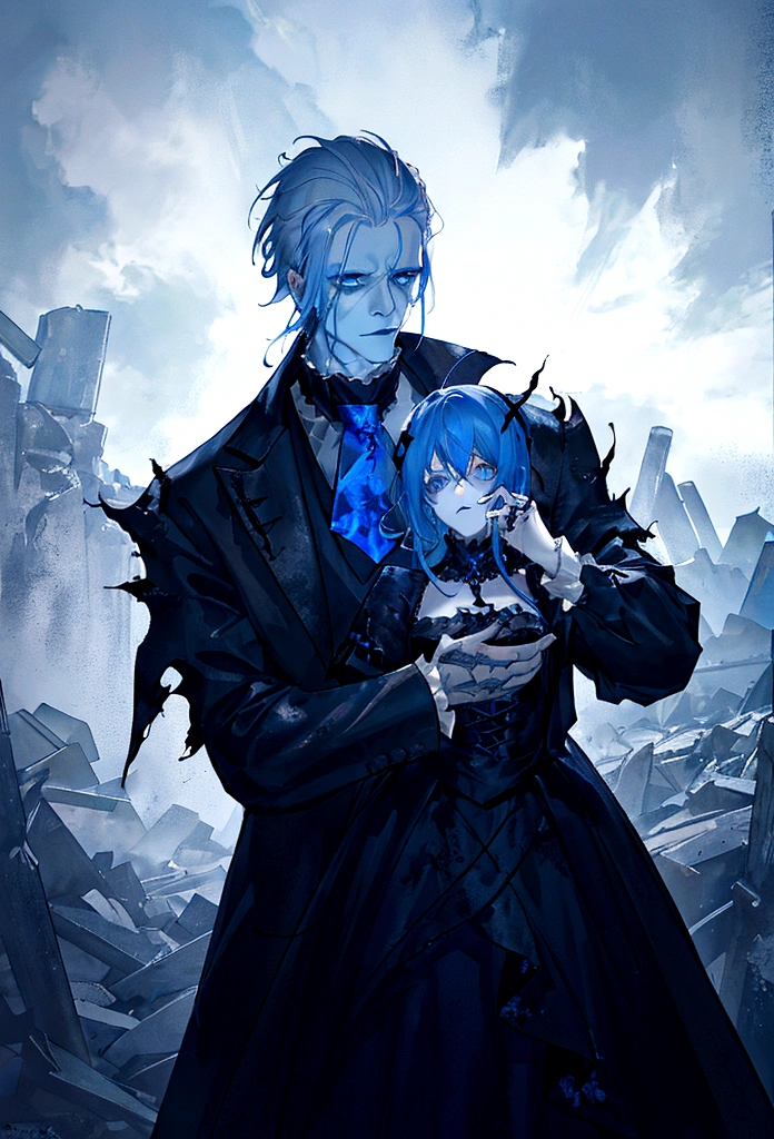 a huge blue-haired Frankenstein with large white-blue skin, wearing torn black clothes, detailed face, hyperrealistic, cinematic lighting, dark moody atmosphere, gothic horror