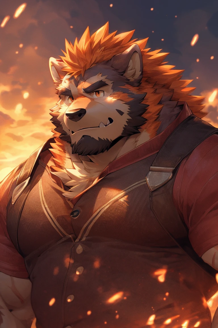 human nature, Wildlife, male,36 years old，Uncle， solitary, ((Round Face, The face is plump,Orange eyes,Thick orange hair，With scars)), ((Endomorph, Handsome，Hot Blood)), （Mecha suit，No electricity，exhaustion), ((domestic 狼, Wolf Orc，) Fluffy fur, Fluffy), Bokeh, (high quality, high resolution, masterpiece), (Dynamic Lighting, Vibrant colors), (Revitalize，harm，Disdain), Full body picture (close up), cartoon, author：Takemoto Arashi, From zixiong, By Chunni, author：Empty Ghost，（background：Rainy forest）