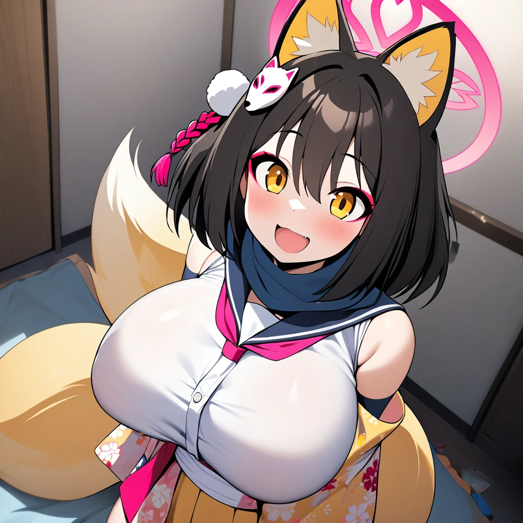 izuna(blue archive),1girl,solo,halo,Females in heat,fox ear,Light brown thick tail,super huge breasts,looking at viewer,one's own room