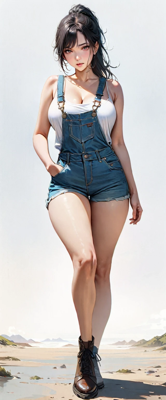 20 years old,1 mature woman,hyperrealistic, 8k, (extremely detailed 8k), (very delicate and beautiful), (masterpiece), (better quality:1.0), (ultra high resolution:1.0), (masterpiece, best quality),cute,black hair,big breasts,ponytail,POV,overalls,full body,white background,realistic skin,looking at viewer