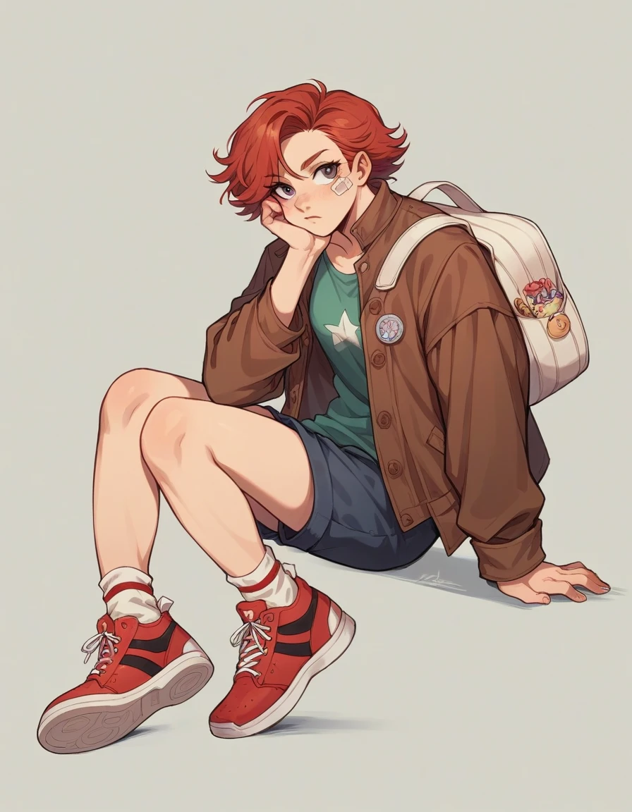 : A young woman marylin monroe seated against a dark red wall on what appears to be a textured floor. She is wearing a brown jacket adorned with a patch, paired with white crew socks that have red stripes, and classic-styled sneakers. Her expression is contemplative or possibly fatigued, resting her cheek on her hand. A white shoulder bag lies beside her, suggesting a casual or street-style.