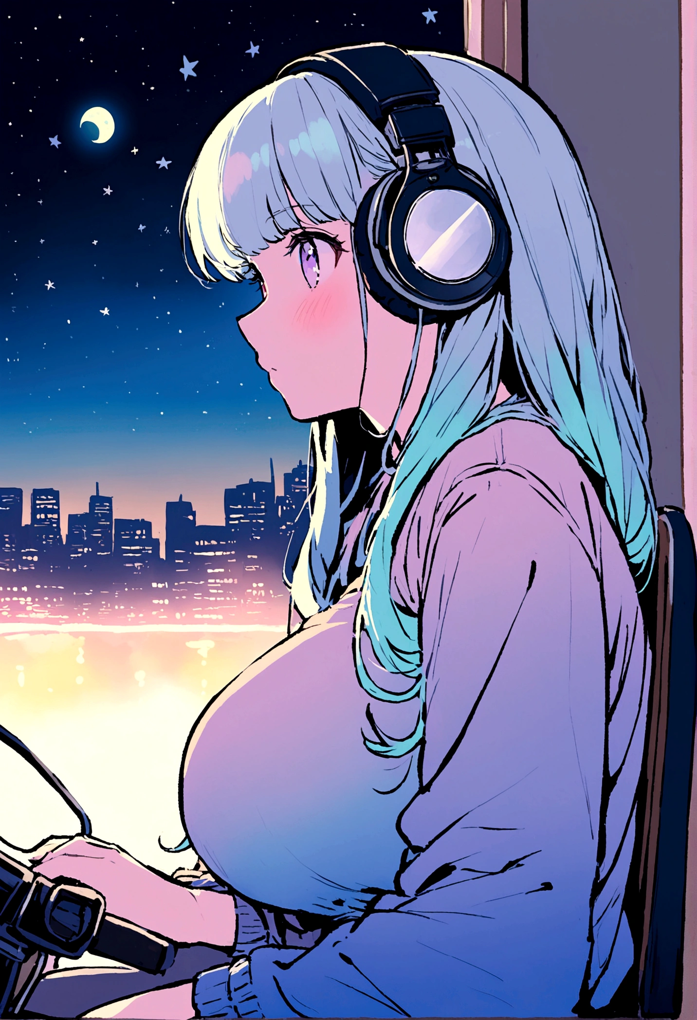 portrait、512、lofi、Girl with headphones sitting in a chair studying、night、Pastel colors、Painting, lots of stars and moon, super big breast,pank rock,portrait、512、lofi、Girl with bike、City view outside the window、night、Pastel colors、Painting, lots of stars and moon, super big breast,Riding a motorcycle and going for a run.