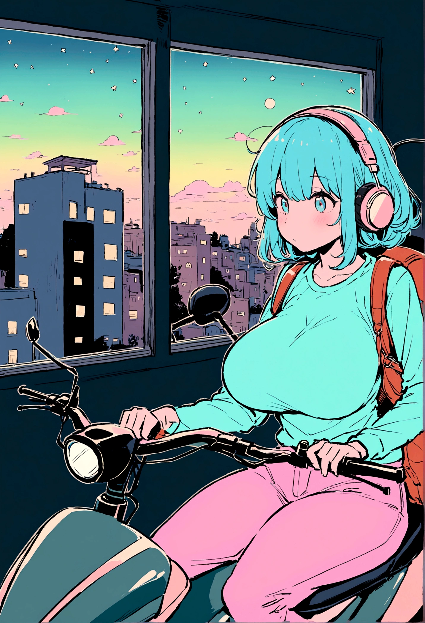portrait、512、lofi、Girl with headphones sitting in a chair studying、night、Pastel colors、Painting, lots of stars and moon, super big breast,pank rock,portrait、512、lofi、Girl with bike、City view outside the window、night、Pastel colors、Painting, lots of stars and moon, super big breast,Riding a motorcycle and going for a run.