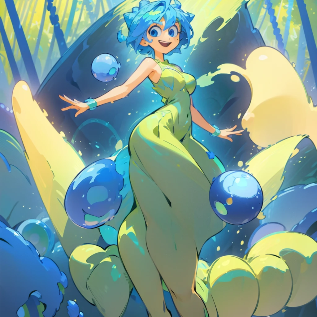 (masterpiece), ((perfect anatomy)), (high Res), (4k), joy, blue eyes, blue hair, yellow skin, huge breast, wide hips, (((green dress))), happy, (((cartoony artstyle))), (((solo))), narrow waist, (in a forest)