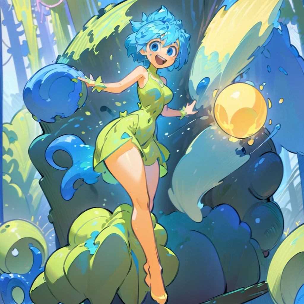 (masterpiece), ((perfect anatomy)), (high Res), (4k), joy, blue eyes, blue hair, yellow skin, huge breast, wide hips, (((green dress))), happy, (((cartoony artstyle))), (((solo))), narrow waist, (in a forest)