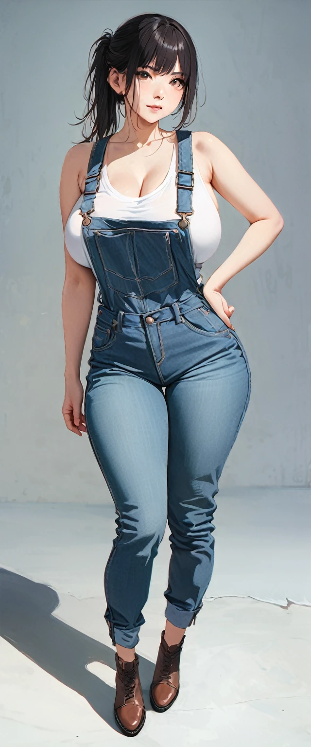 20 years old,1 mature woman,hyperrealistic, 8k, (extremely detailed 8k), (very delicate and beautiful), (masterpiece), (better quality:1.0), (ultra high resolution:1.0), (masterpiece, best quality),cute,black hair,big breasts,ponytail,POV,overalls,full body,white background,realistic skin,looking at viewer