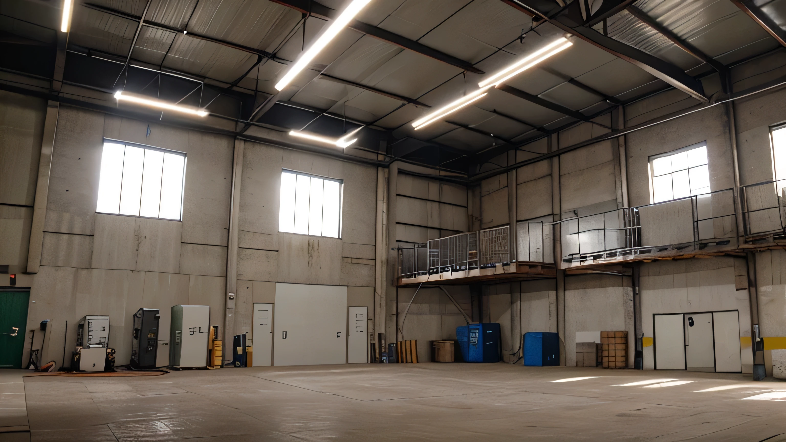 warehouse of an electrical supply and generator company, with some white electricity generators in one corner.