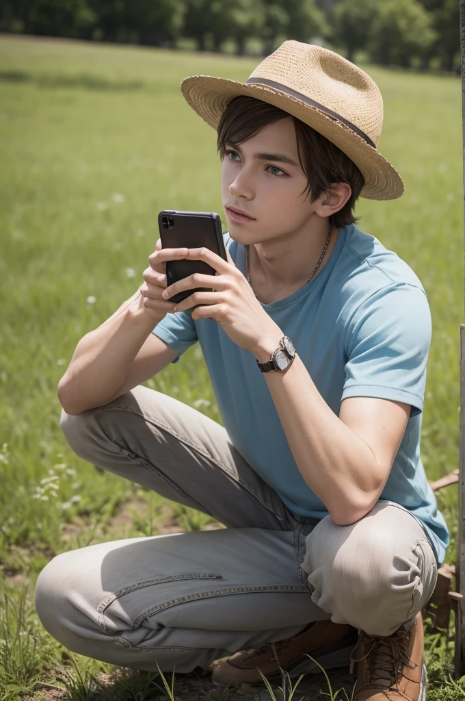 Country boy crouching with cell phone
