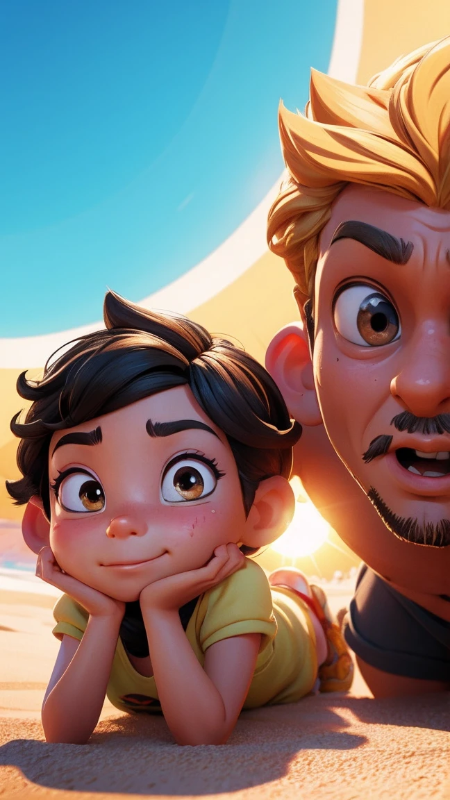 A 3D Disney-style animation frame featuring a man and a woman under the sun, both sweating and looking exhausted. The scene should show the sun shining brightly overhead, with heatwaves visible. The characters should look cute and appealing to children. The background should be simple and clean to keep the focus on the characters and their condition. No text, symbols, or speech bubbles.