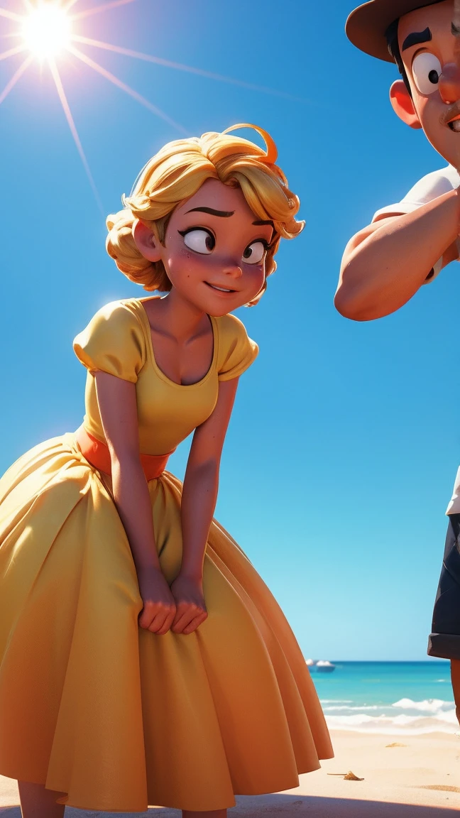 A 3D Disney-style animation frame featuring a man and a woman under the sun, both sweating and looking exhausted. The scene should show the sun shining brightly overhead, with heatwaves visible. The characters should look cute and appealing to children. The background should be simple and clean to keep the focus on the characters and their condition. No text, symbols, or speech bubbles.