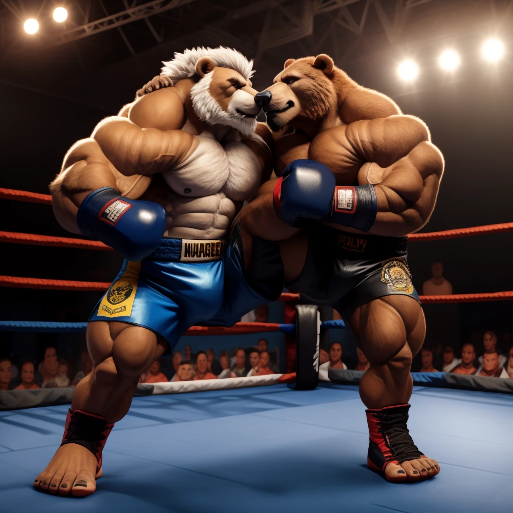 solo, 1boy, Huge Muscular Old Grizzly Bear wearing kickboxing MMA belt , thick pectoral, thick arms, huge pectoral, wide pectoral, hige brown fur, short white hair, Kickboxing MMA shorts, kickboxing MMA gloves, Kickboxing MMA Footwear 5 toes and shirtless, bearded, Kickboxing Martial Arts Cage Tournament background, masterpiece, semirealistic:1.2, high detailed, 8k, high resolution, Kickboxing Champion