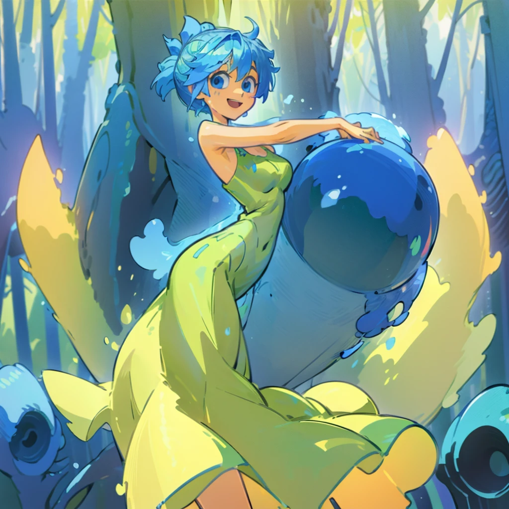 (masterpiece), ((perfect anatomy)), (high Res), (4k), joy, blue eyes, blue hair, yellow skin, huge breast, wide hips, (((green dress))), happy, (((anime artstyle))), (((solo))), narrow waist, (in a forest)