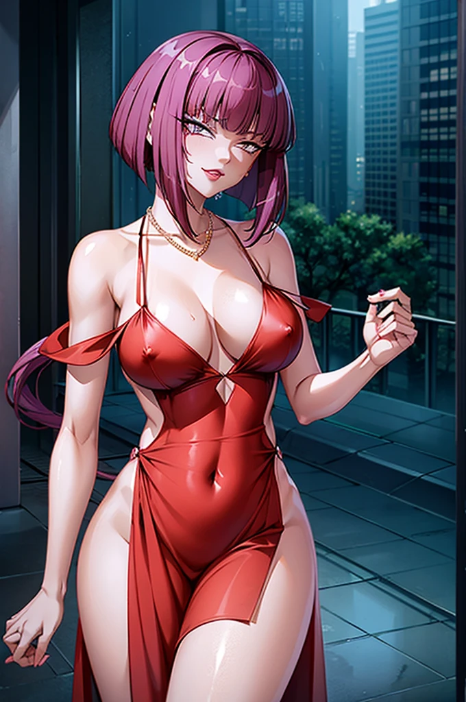 (nsfw:1.2), (Loose Dress:1.5), (Red deep plunge neck dress), Sideless, Purple Bob Cut, High leg long dress, oboro, One girl, Focus Only, Exquisite luxury rooms, window, Cyberpunk City,rain, night, City lights, View your viewers, Grin, Blunt bangs, eye shadow, Low Ponytail, lipstick, compensate, Detailed beautiful face, Detailed beautiful Purple eyes, Bare shoulders, Large Breasts, Cleavage, Thighs,necklace