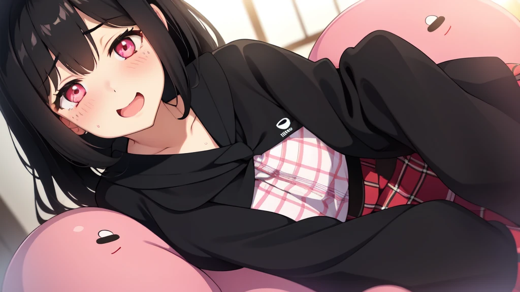 One girl,Black Hair,Pink eyes,(blush:1.1)、Shy open-mouthed face、 ((Heavy breathing:1.3)), like,  smile、Big Breastaid Cafe Cosplay
