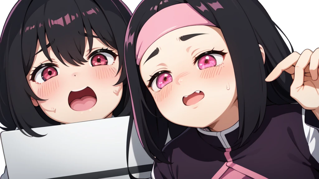 One girl,Black Hair,Pink eyes,(blush:1.1)、Shy open-mouthed face、 ((Heavy breathing:1.3)), like,  smile、Big Breastaid Cafe Cosplay