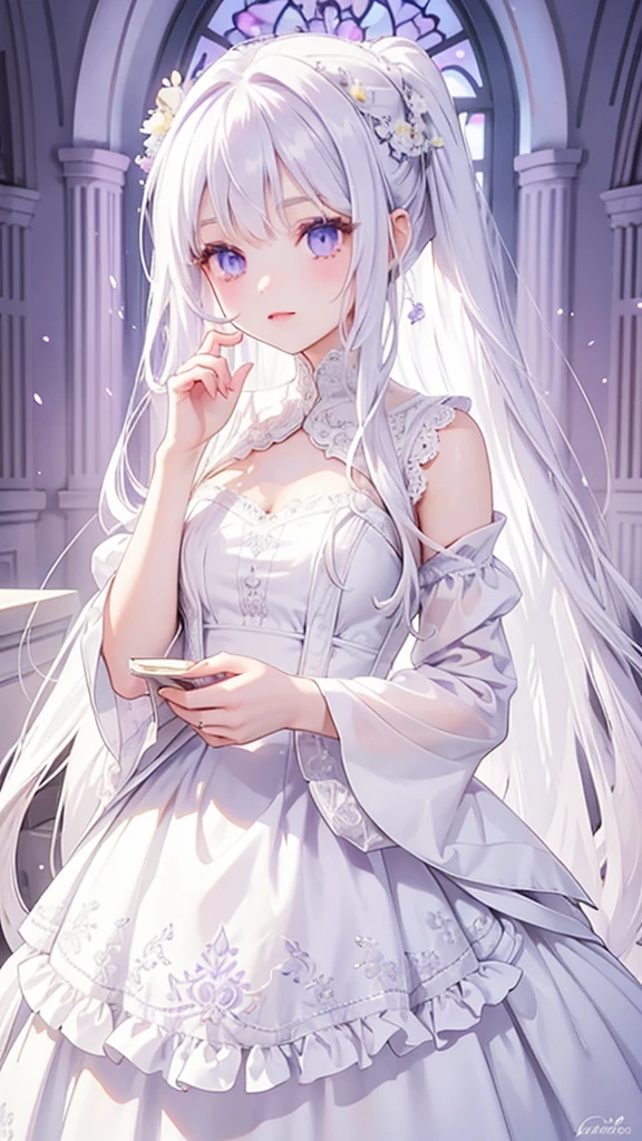 Extremely long white hair, purple iris eyes, dreamiest female figure, gorgeous  girl. Gorgeous white, elegant, long, fit and flare, lace, southern wedding dress with a matching vail. 