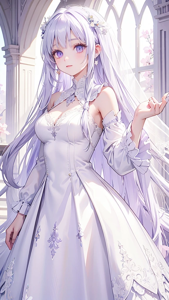Extremely long white hair, purple iris eyes, dreamiest female figure, gorgeous girl. Gorgeous white, elegant, long, fit and flare, lace, southern wedding dress with a matching vail.