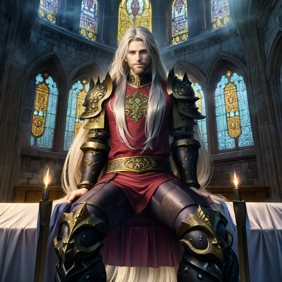 Draego, a medieval knight in shining armor, (long hair:1.2), sitting in a throne in front of an altar in a large cathedral, dramatic backdrop, high contrast, wide angle lens, vibrant colors, serene, detailed intricate armor, flowing cape, determined facial expression, sunlight streaming through stained glass windows, ornate altar with candles, dramatic shadows, cinematic composition, photorealistic, 8k, hyper detailed, masterpiece
