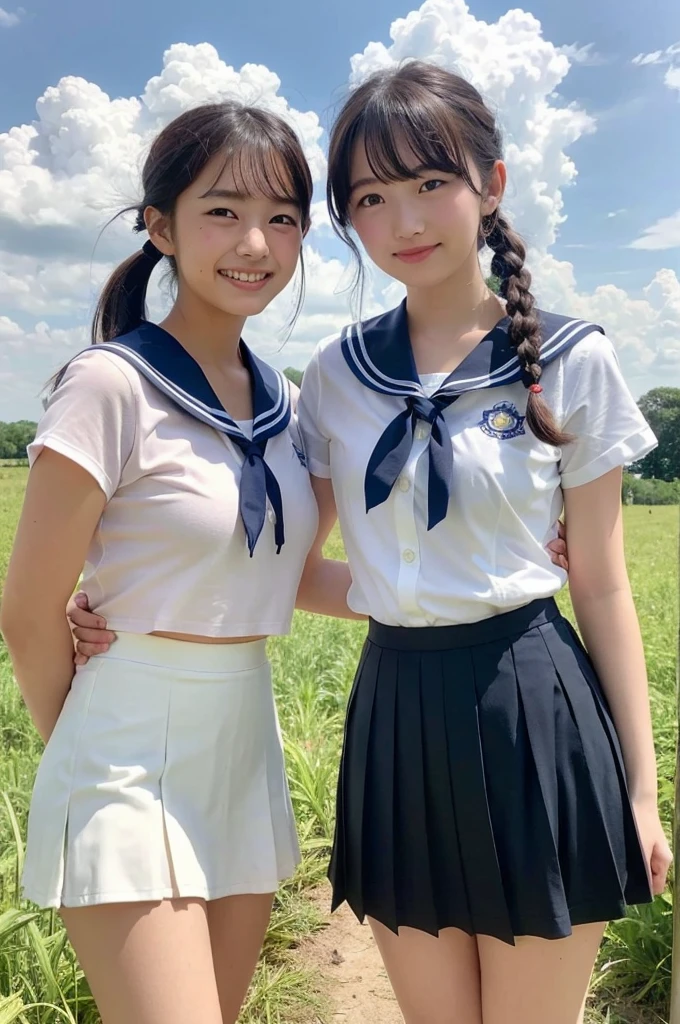 2 girls in rural field,cumulonimbus cloud in summer sky,sailor shirt,navy blue pleated skirt,white panties,18-year-old,bangs,a little smile,thighs,knees,short hair with low pigtails bunches,from below,front light