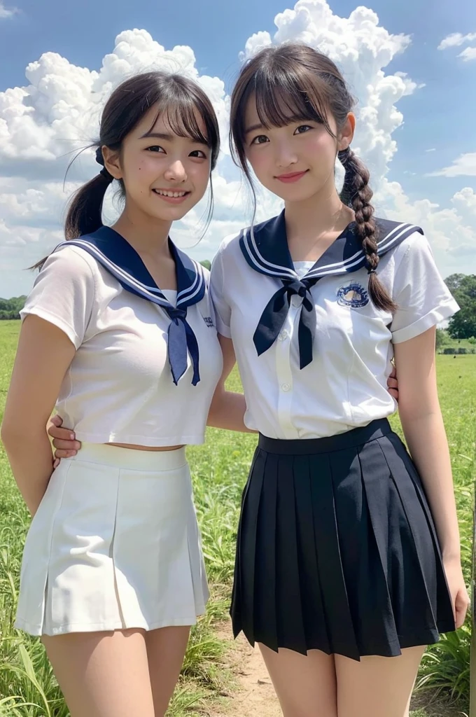 2 girls in rural field,cumulonimbus cloud in summer sky,sailor shirt,navy blue pleated skirt,white panties,18-year-old,bangs,a little smile,thighs,knees,short hair with low pigtails bunches,from below,front light