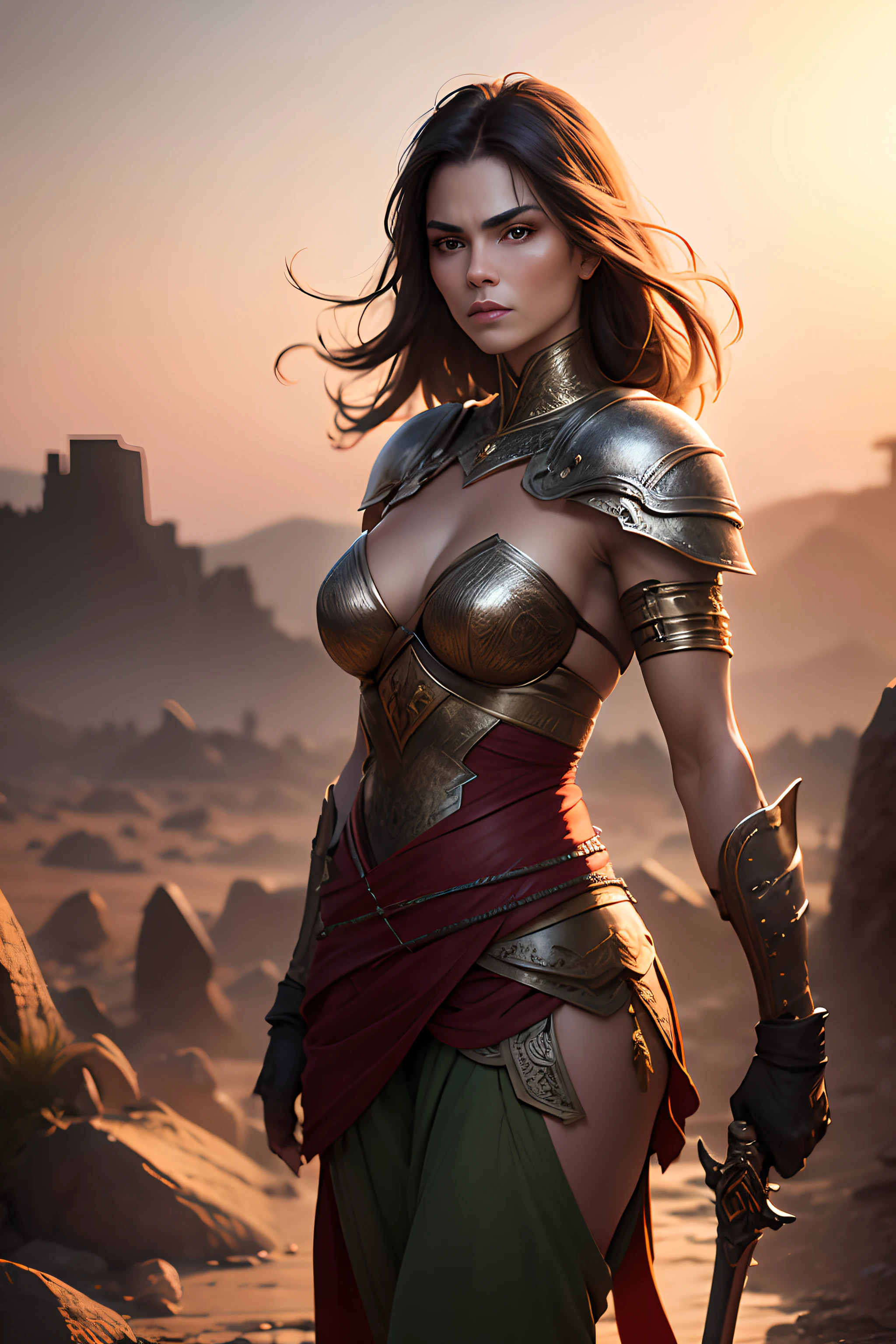 So is a beautiful warrior woman, with long wavy red hair, wild green eyes, Her sensuality expresses all her femininity and strength, wearing silver shoulder pads, Silver chain covering the entire bust to the middle of the waist, gloves covering up to the forearm, also wearing an aged and aged leather pants and boots of the same knee-length fabric, standing, She's holding tightly to a sharp, long-bladed sword, arrogant stare on a battlefield where your enemies are already fallen(cinematic scene, The light of the sunset as the main scenery)