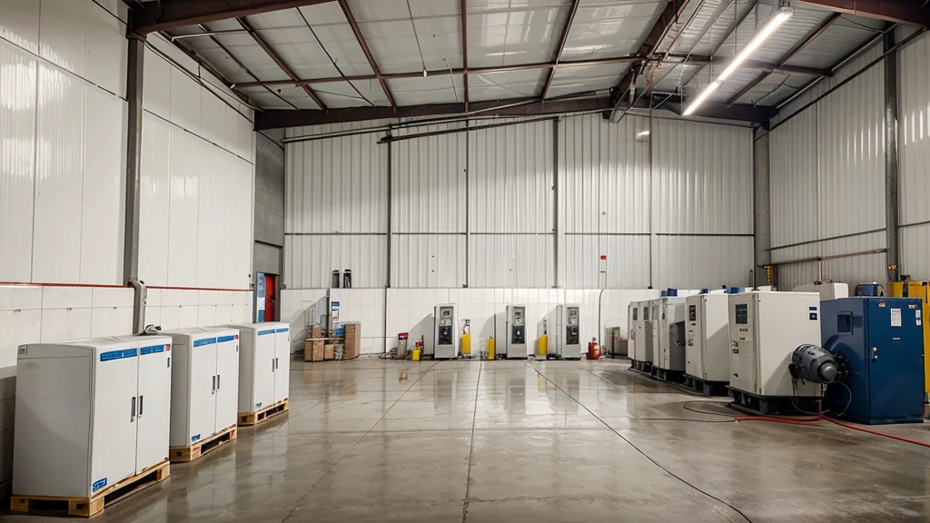 warehouse modern of an electrical supply and generator company, with some white electricity generators in one corner.