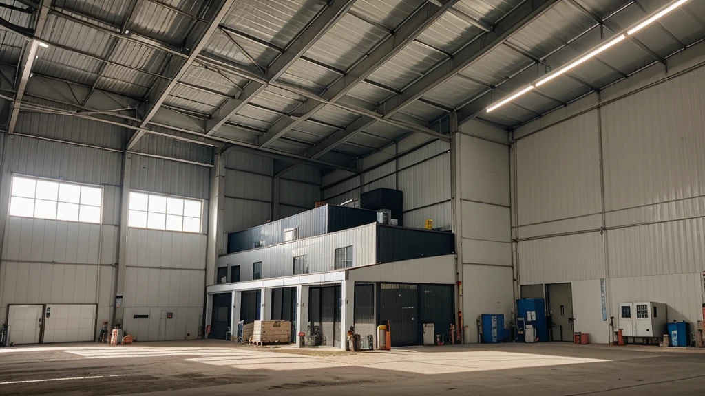 warehouse modern of an electrical supply and generator company, with some white electricity generators in one corner.