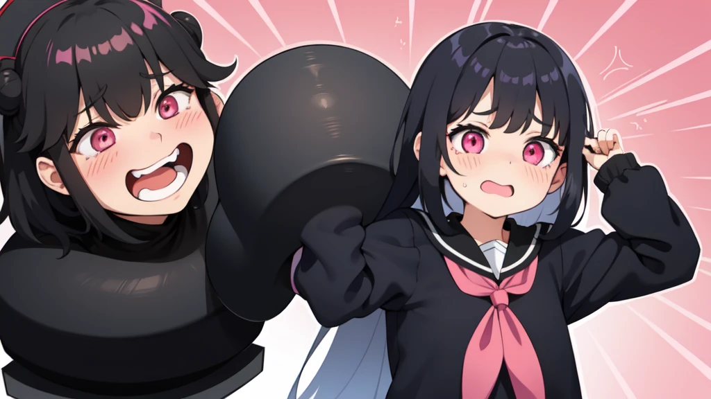 One girl,Black Hair,Pink eyes,(blush:1.1)、Shy open-mouthed face、 ((Heavy breathing:1.3)), like, smile、Big Breastaid Cosplay、whole body