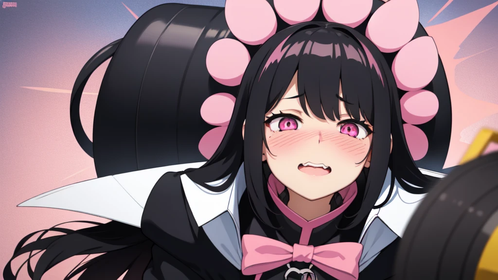 One girl,Black Hair,Pink eyes,(blush:1.1)、Shy open-mouthed face、 ((Heavy breathing:1.3)), like,  smile、Big Breastaid Cosplay、whole body