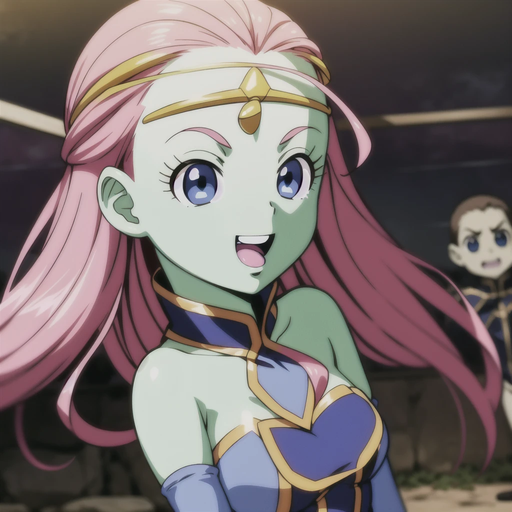 Kawei, One girl, alone, Long Hair, View your viewers, Open your mouth, blue eyes, Pink Hair, Skin of color, surprised, Circlet, Bare shoulders, Gold Cap, arms by side, Blue Collar, Detachable collar, eyelash, Green skin, close, low-tied Long Hair, Pointy Nose, V-shaped eyebrows, tongue, Blue leotard on the upper teeth, Removable sleeves, Blue Armwear, smile, 　Heart Big Tits　Venus flytrap　Bewitching beauty and girls ballet　Girl Running
 