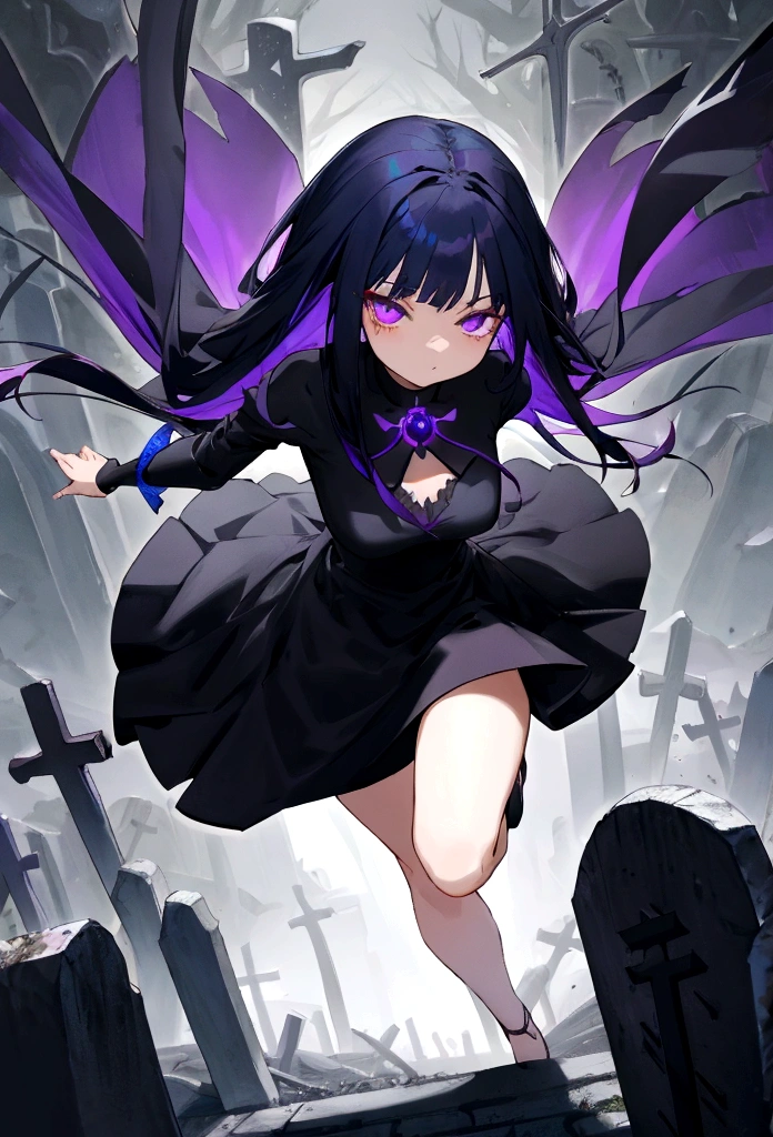 cute woman black dress purple eyes long dark blue hair graveyard