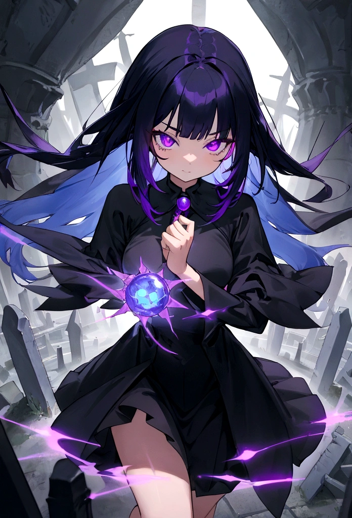 cute woman black dress purple eyes long dark blue hair graveyard