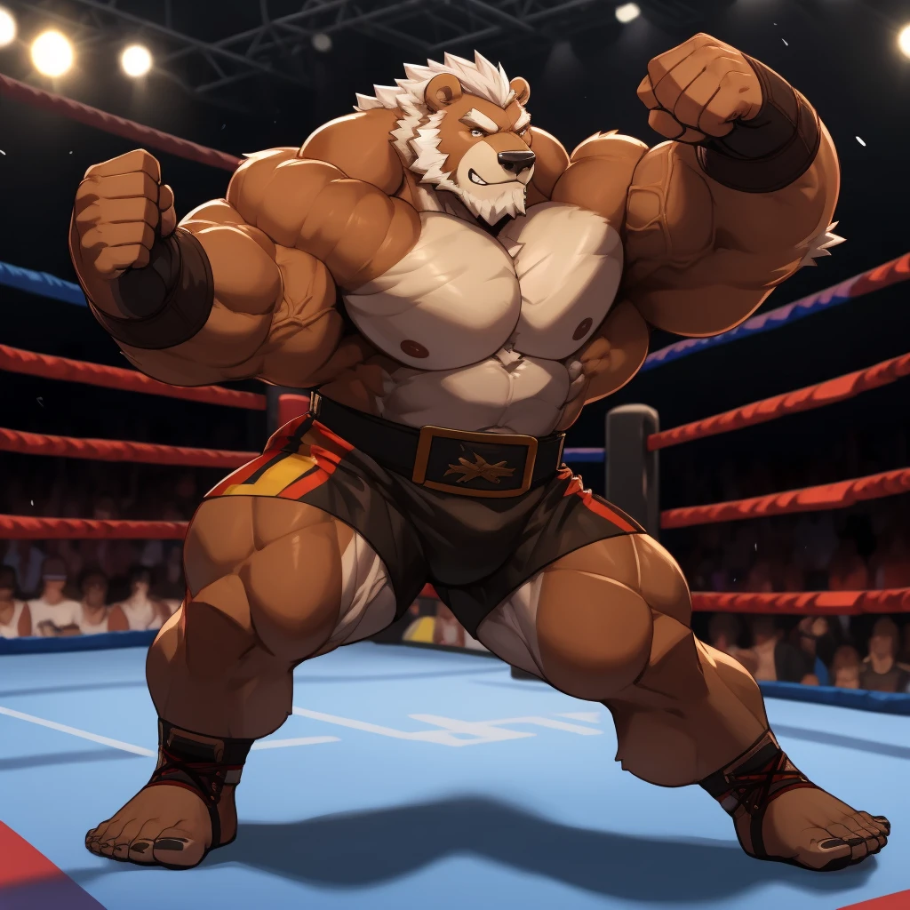 solo, 1boy, Huge Muscular Old Grizzly Bear wearing kickboxing MMA belt , thick pectoral, thick arms, huge pectoral, wide pectoral, hige brown fur, short white hair, Kickboxing MMA shorts, kickboxing MMA gloves, Kickboxing MMA Footwear 5 toes and shirtless, bearded, Kickboxing Martial Arts Cage Tournament background, masterpiece, semirealistic:1.2, high detailed, 8k, high resolution, uppercut punch