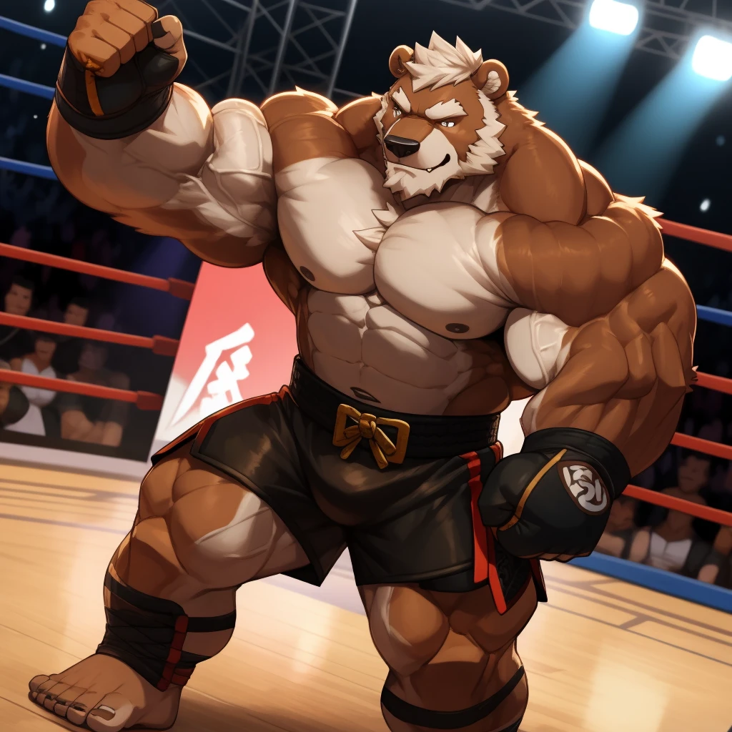 solo, 1boy, Huge Muscular Old Grizzly Bear wearing kickboxing MMA belt , thick pectoral, thick arms, huge pectoral, wide pectoral, hige brown fur, short white hair, Kickboxing MMA shorts, kickboxing MMA gloves, Kickboxing MMA Footwear 5 toes and shirtless, bearded, Kickboxing Martial Arts Cage Tournament background, masterpiece, semirealistic:1.2, high detailed, 8k, high resolution, uppercut punch