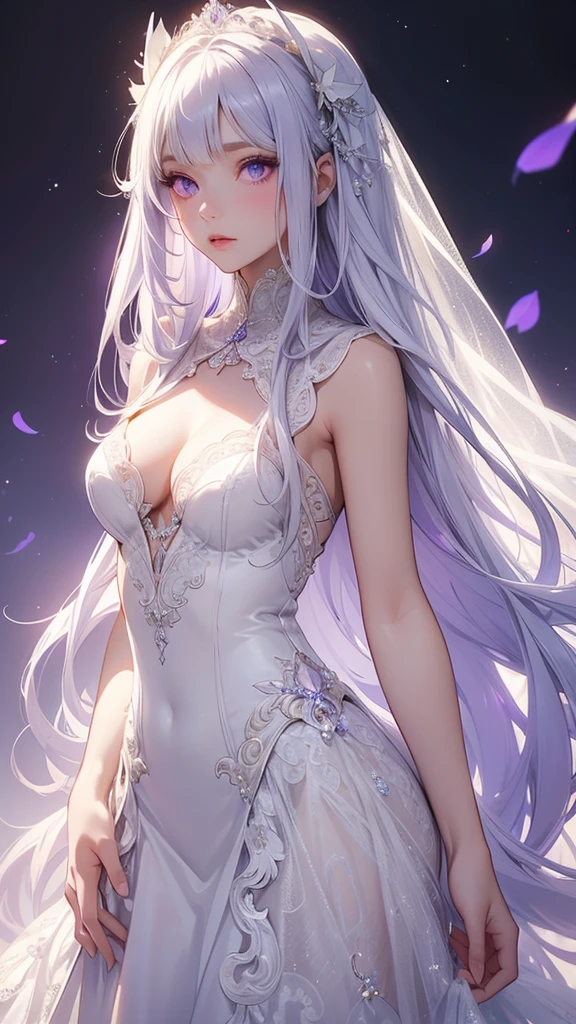 Extremely long white hair, purple iris eyes, dreamiest female figure, gorgeous girl. Gorgeous white, elegant, long, fit and flare, lace, southern wedding dress with a matching vail.