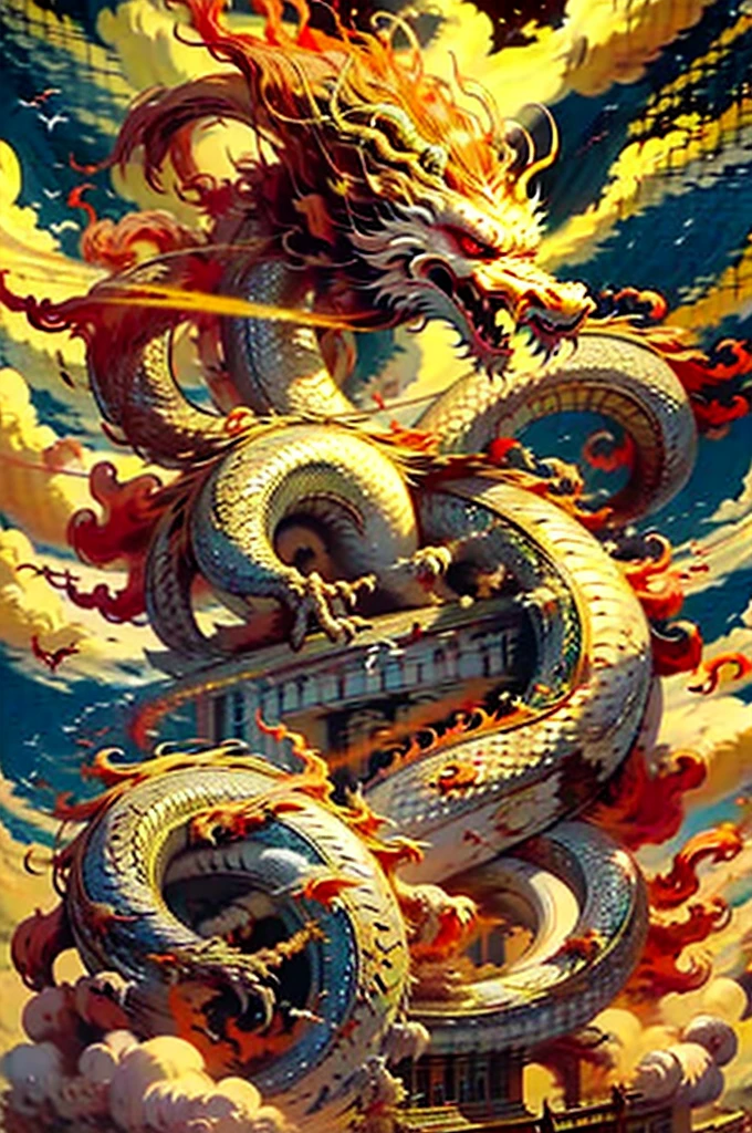 best quality,masterpiece,Ultra-high resolution, (long:1.2),  architecture, east asian architecture, Red Eyes, trumpet, open mouth, Sky, Fangs, Oriental Dragon, 云y Sky, teeth, flight, fire, bird, wing，Dongquan，Big Wave，Auspicious Clouds