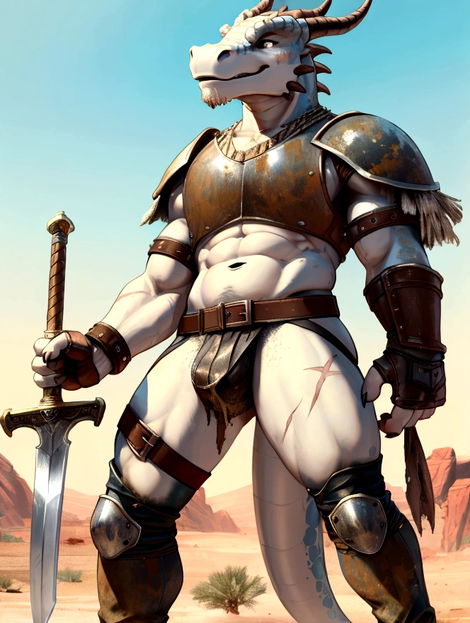Solo Sexy young anthro scalie dragon male mercenary medieval solider, slim endomorph muscular, anthro handsome gay shorter muzzle, handsome gay model male apperance, sword scars, worn out rusty skimpy armament, low on hips heavy leather heavy belt, old very worn out skimpy white linen material jockstrap, old yellow dirty worn out stains on white sawn jockstrap, very visible "x" brown seam pattern on the jockstrap, studded skimpy armlets breastplate armor, skimpy breastplate, grey sharp husk, leather bondages, fingerless leather gloves, smelly unwashed husk, dirty body look, desert battlefield, standing in sexy victorious position above me, agressive dirty playfull grin, he is looking down into my eyes, first person view of view from ground under his close jockstrap
