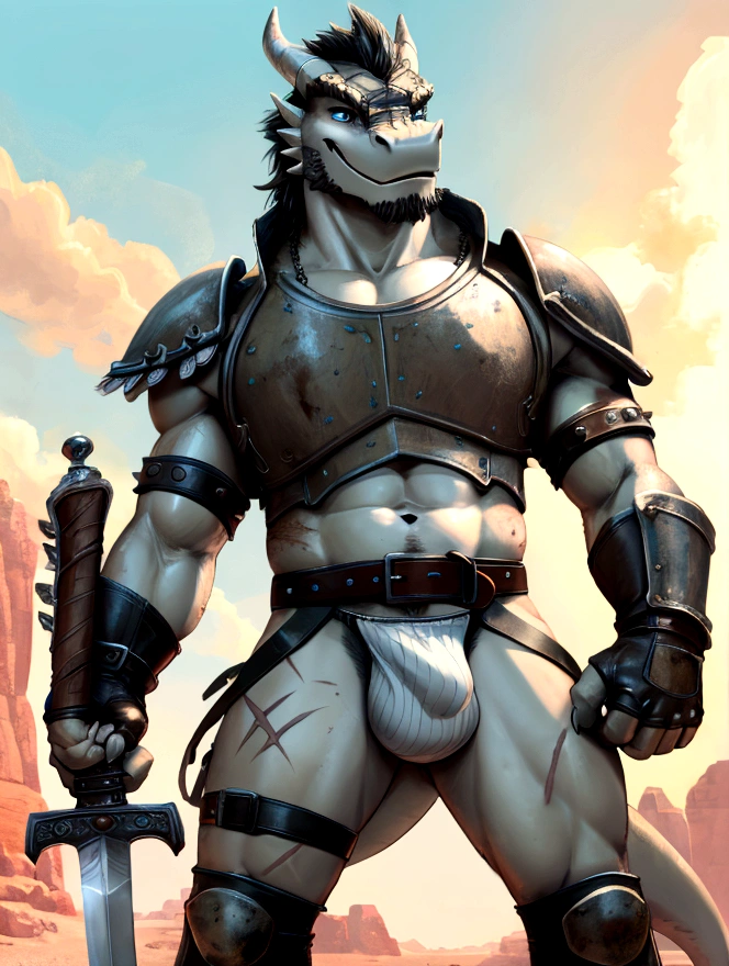 Solo Sexy young anthro scalie dragon male mercenary medieval solider, slim endomorph muscular, anthro handsome gay shorter muzzle, handsome gay model male apperance, sword scars, worn out rusty skimpy armament, low on hips heavy leather heavy belt, old very worn out skimpy white linen material jockstrap, old yellow dirty worn out stains on white sawn jockstrap, very visible "x" brown seam pattern on the jockstrap, studded skimpy armlets breastplate armor, skimpy breastplate, grey sharp husk, leather bondages, fingerless leather gloves, smelly unwashed husk, dirty body look, desert battlefield, standing in sexy victorious position above me, agressive dirty playfull grin, he is looking down into my eyes, first person view of view from ground under his close jockstrap