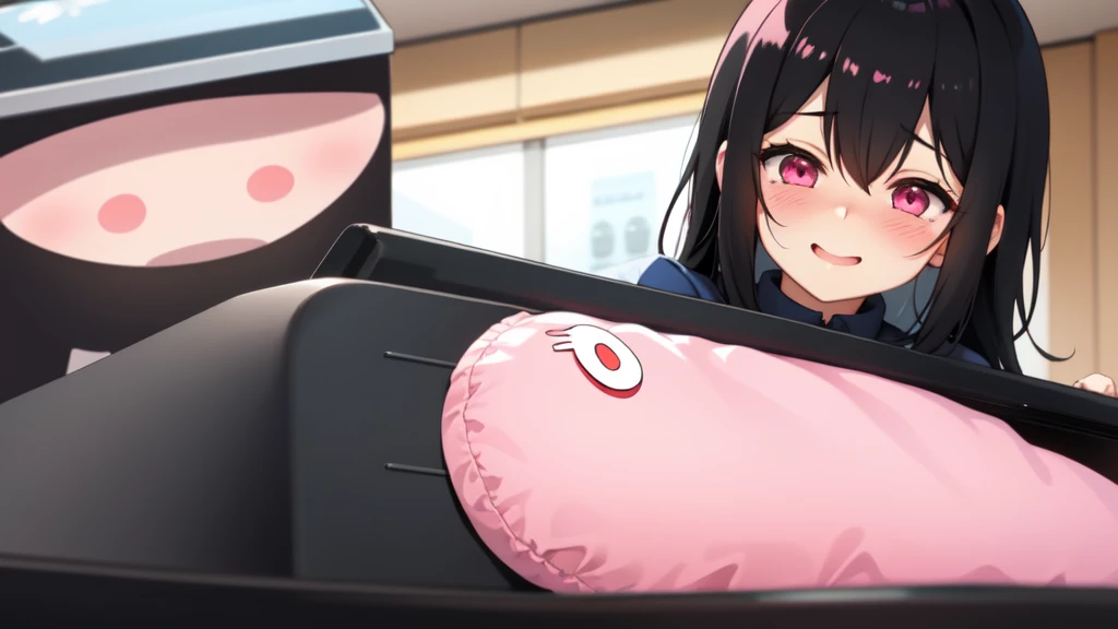 One girl,Black Hair,Pink eyes,(blush:1.1)、Shy open-mouthed face、 ((Heavy breathing:1.3)), like,  smile、Big Breastaid Cafe Cosplay