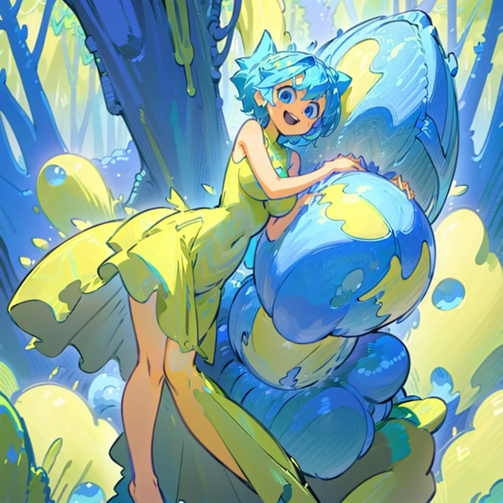 (masterpiece), ((perfect anatomy)), (high Res), (4k), joy, blue eyes, blue hair, yellow skin, huge breast, wide hips, (((green dress))), happy, (((cute artstyle))), (((solo))), narrow waist, (in a forest)