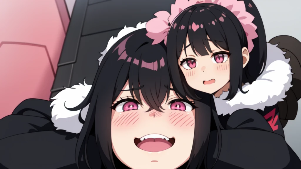 One girl,Black Hair,Pink eyes,(blush:1.1)、Shy open-mouthed face、 ((Heavy breathing:1.3)), like, smile、Big Breastaid Cosplay)、whole body