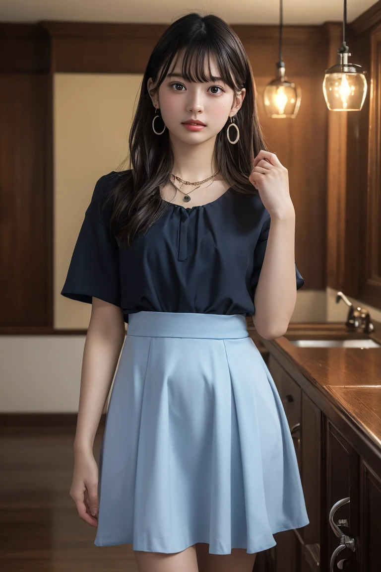 (Highest quality:1.4)，(masterpiece:1.4)，(Realistic:1.4)，(Realistic:1.2)，(超High resolution， RAW Photos:1.4)，(High resolution， Ultra-detailed:1.2)，(8K:1.2)，View your viewers，Cinematic photography，One girl，skeletally correct，Black-haired woman，(Small earrings，necklace，A light blue dress that flatters your body line，flare skirt，Long skirt，View from the front)，（Western-style building interior，Dimly lit room，The lamplight shines on my cheeks）