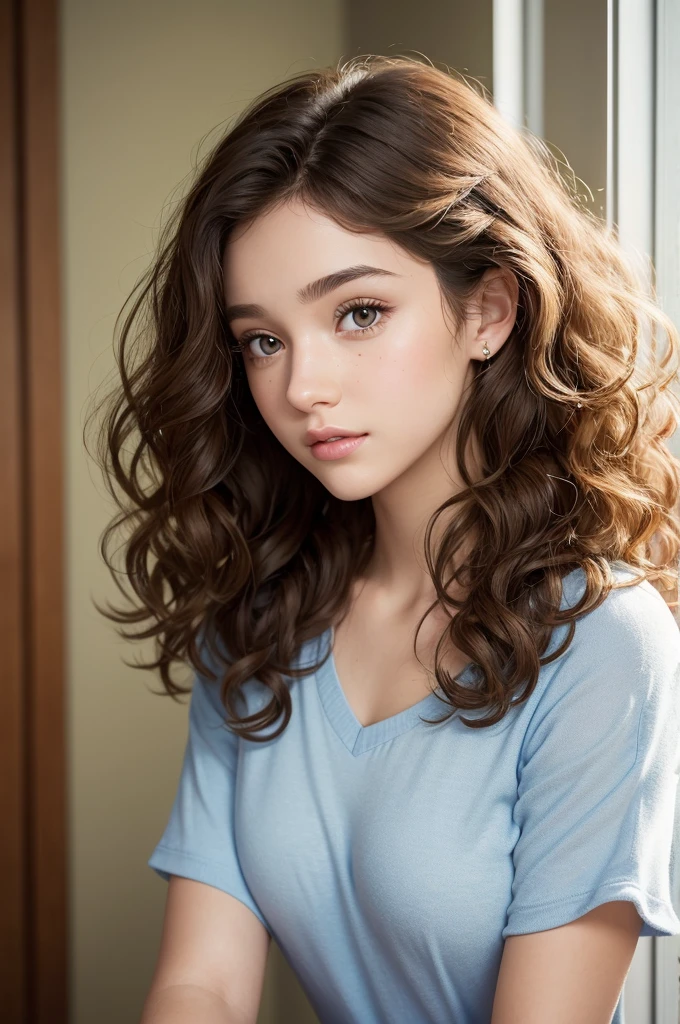 Disney pixar, 20-year-old woman, medium curly hair, light golden brown, eyes browns, spot on nose on right side