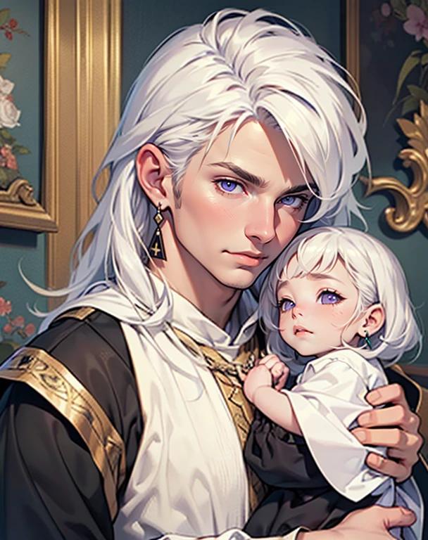 ((masterpiece)), (((best quality))), 1 male, pale white skin, long white hair, handsome man, violet eyes, earrings, realistic medieval clothing, portrait, detailed face, cradling a sleeping baby with white hair, highest quality, highly detailed, original, high resolution CG Unit 8k wallpaper, (best quality, artwork, masterpiece, 4k)